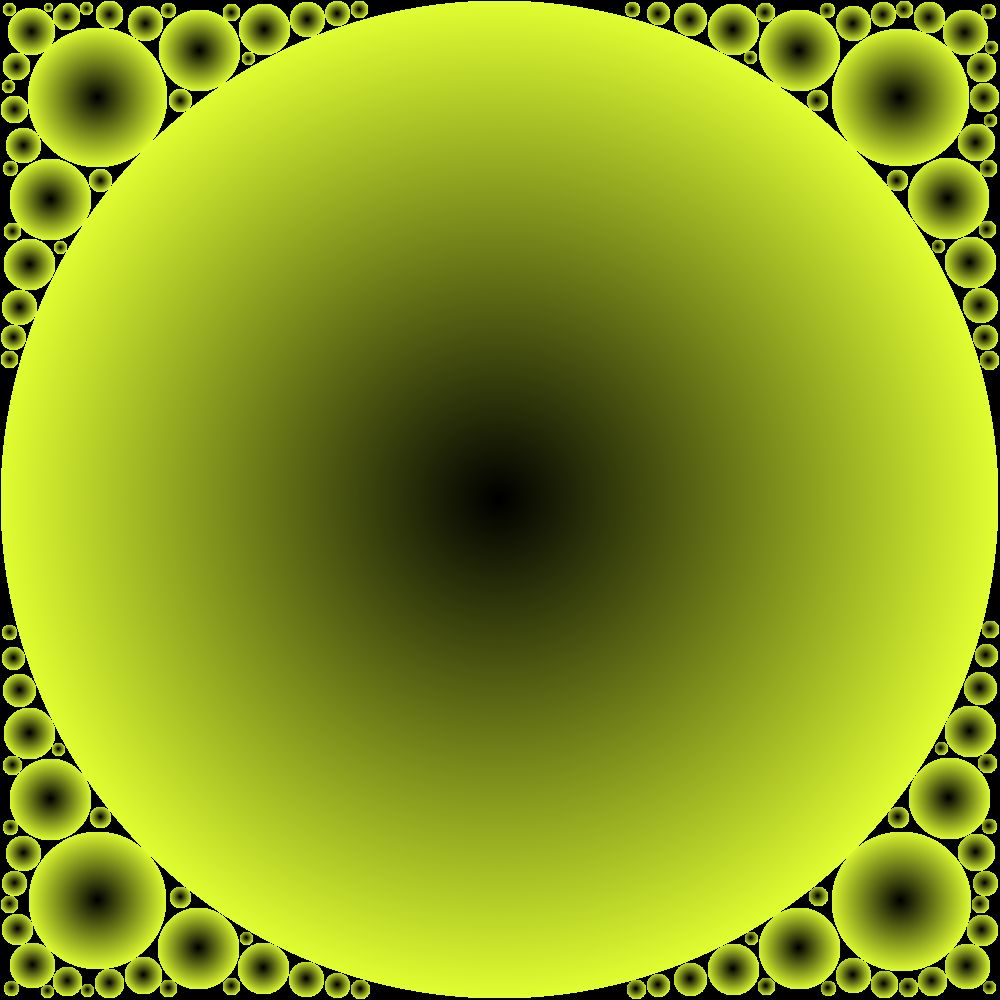 The image is fractalish, a green sort of circle, light, olive, fills the screen, blackish in the center, becoming more saturated with color towards the edge, after the center cirlce, there are additional circles in the four corners, not perfectly placed, but close enough, and from there, smaller and smaller circles filling the rest fo the image