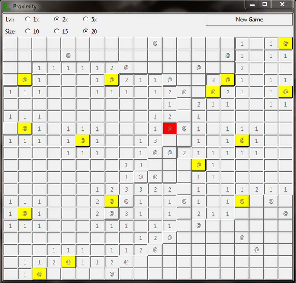 Screenshot of Proximity, my implementation of Mine Sweeper, showing the loosing state