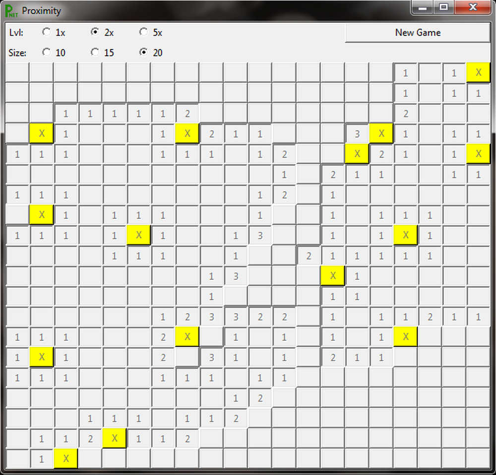 Screenshot of Proximity, my implementation of Mine Sweeper, showing game in progress, yeah, the highlighted red x in the upper right corner on this one, but not on the next bothers me, but not so much I'm going to replay it, not at the moment, at least