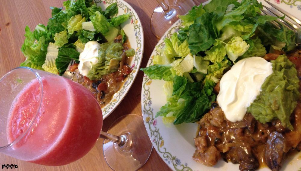 chicken cheese glop, salad, watermelon smoothie