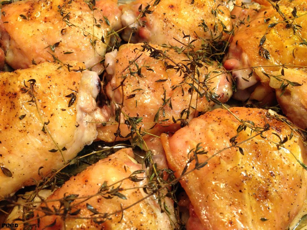 Nicely, greatly, delightfully baked chicken laced with fresh herbs, crunchy skin, greasy, the best