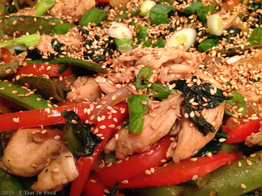 Every bit as good as what one would find in a restaurant, chicken, peppers, onions, and assorted green stuff sprinkled liberally with sesame seeds and tossed in a homemade teryaki sauce