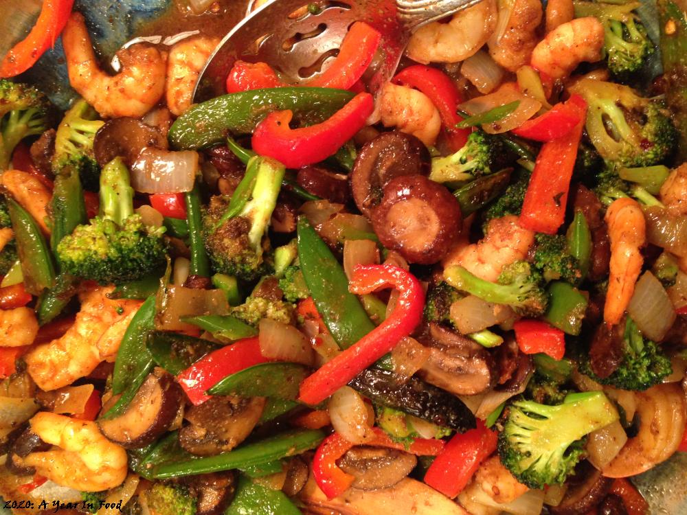 Teriyaki Stir Fry with broccoli, peppers, mushrooms, and shrip, very nice