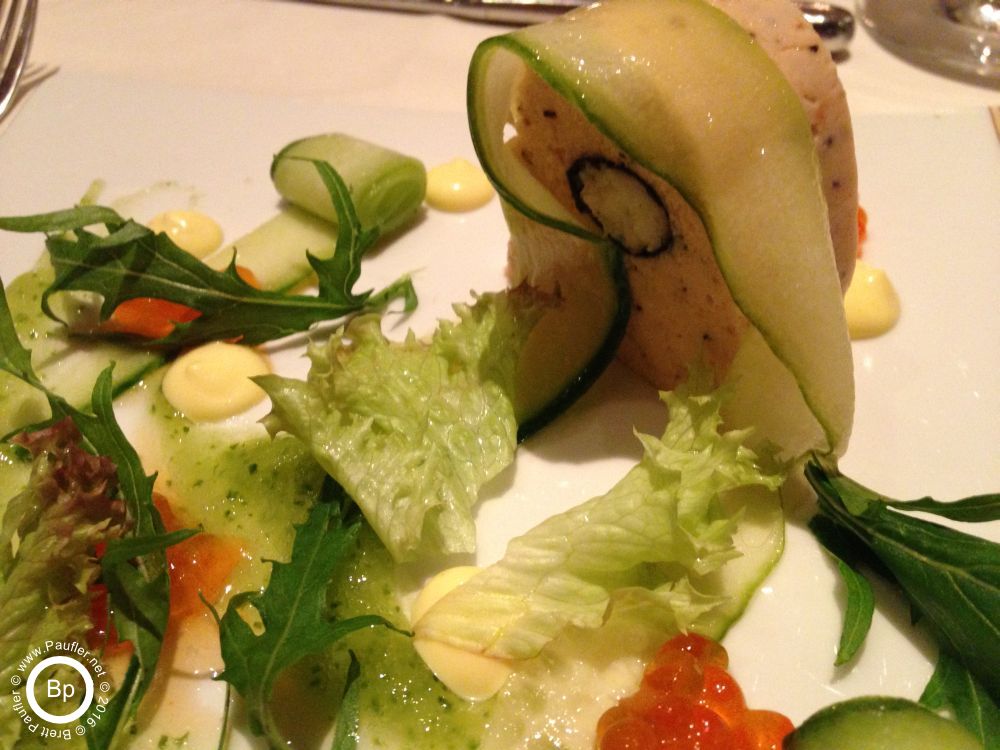 salad of sorts, do not remember where, Rudeshine, maybe, I think thats a fish puree, liverwurst like thing under the cucumber