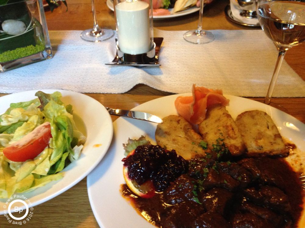 ghoulash and potato cakes, I think, by an old Abbey, husk of a shell, climbed to the castle at the top of this hill, great rainy day, good food, almost all of it was good food