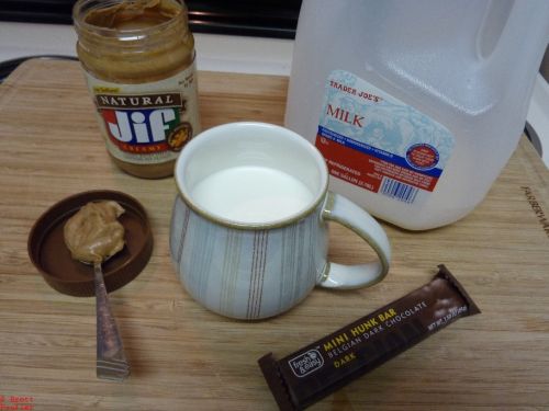 An ingredient list for Peanut Butter flavoured hot chocolate, milk, chocolate, and peanut butter, pretty simple, huh, Nutella also works, wonder I if have that further down the page, I am writing these image notes during the 2016 edit and I cannot be bothered to look ahead.