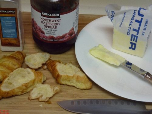 Ingredient list for the croissants, being croissants, butter, looks like a big old container of salt and jelly, in an even jar, someone must have shopped at the warehouse store recently