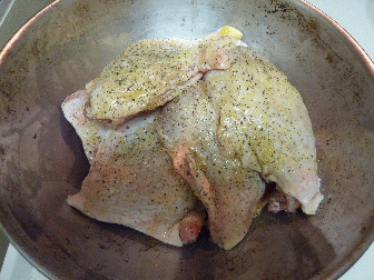 Chicken cooking, raw to table, looks good, white stuff is chicken fat, congealed in dish