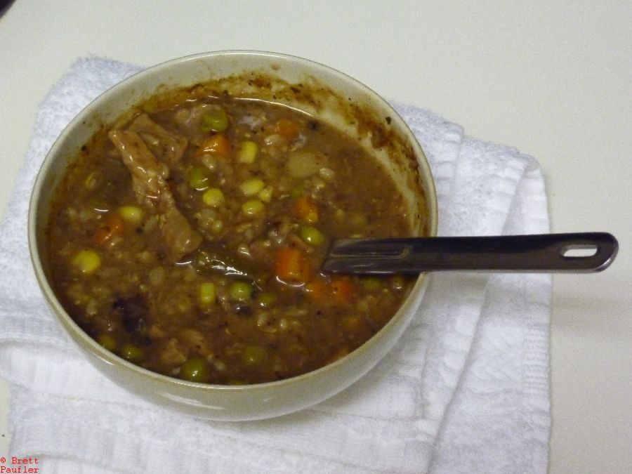 Bowl of Mystery Meat Stew, which tastes a lot better than it looks, or I dont know, it looks pretty good to me, but then, I know what it tastes like