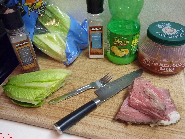 Ingredients, romaine, steak, salsa, I grew to like that knife, think it is in some locker in california at this point, oh, well