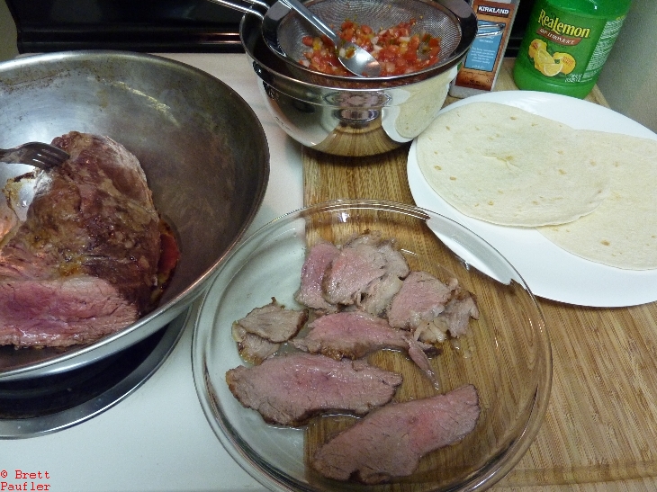 Burrito tortillas, salsa, and sliced meat, big portion in bowl, after 30min at 425