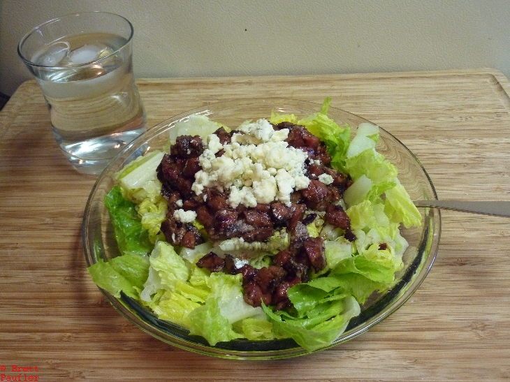 Tri Tip Marinated Steak Salad - with Blue Cheese Topping, the ice water glass caught my eye as much as anything, forget where I found that glass, fit perfectly into my hand, probably down by the garbage cans, folks would leave stuff down there, got movie posters, whatever, easier than throwing out, made folks feel good to give away and I was one of the takers, always have been