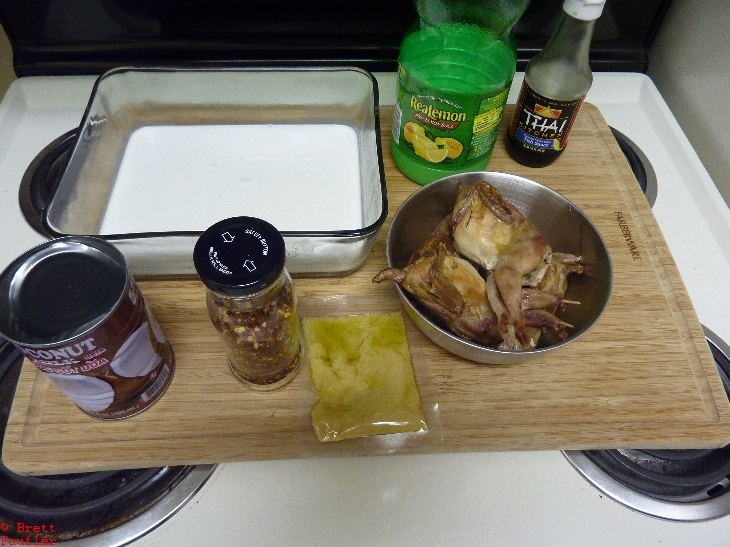 more quail, the ingredient pic, coconut milk in a clear glass baking dish, fish sauce, lemon juice, red peppers, and a sauce packet