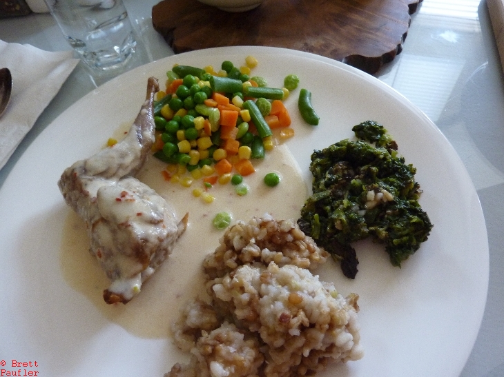 the whole lot on a plate, vegetables, quail quarter, rice and spinach