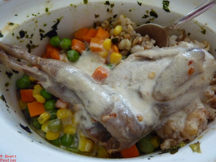 Ah, so this is the final, I think, quail on top of a bed of rice and vegetables, I do not recall the quail being worth the effort, small, boney, chicken a better deal, easier