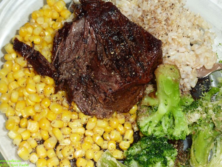 Roast Chuck again, on bed of corn with what looks to be rice and broccoli, thats good eating, oh, I hail from the midwest where corn is considered a vegetable, so there is a veritable salad on that plate