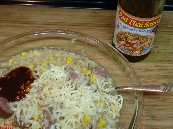 Rice, beans, barbeque, and cheese