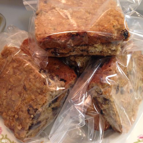 Bagged bars of Oatmeal Raisin Banana Bars, all sealed up, soon to be frozen, and ready to go