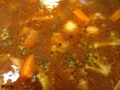 Fish stew, soupy broth, assorted vegetables, leftover fish, very tasty