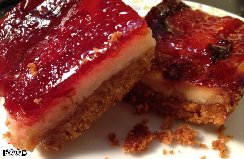 graham cracker crust, cream cheese frosting, jam, layered together to make a delightful snack, perfect for tea time