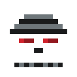 A grey hat is prominent on this one, long red slant eyes, with a two tone effect, which makes them seem like a scanning robot eyes, with a two tone flat mount