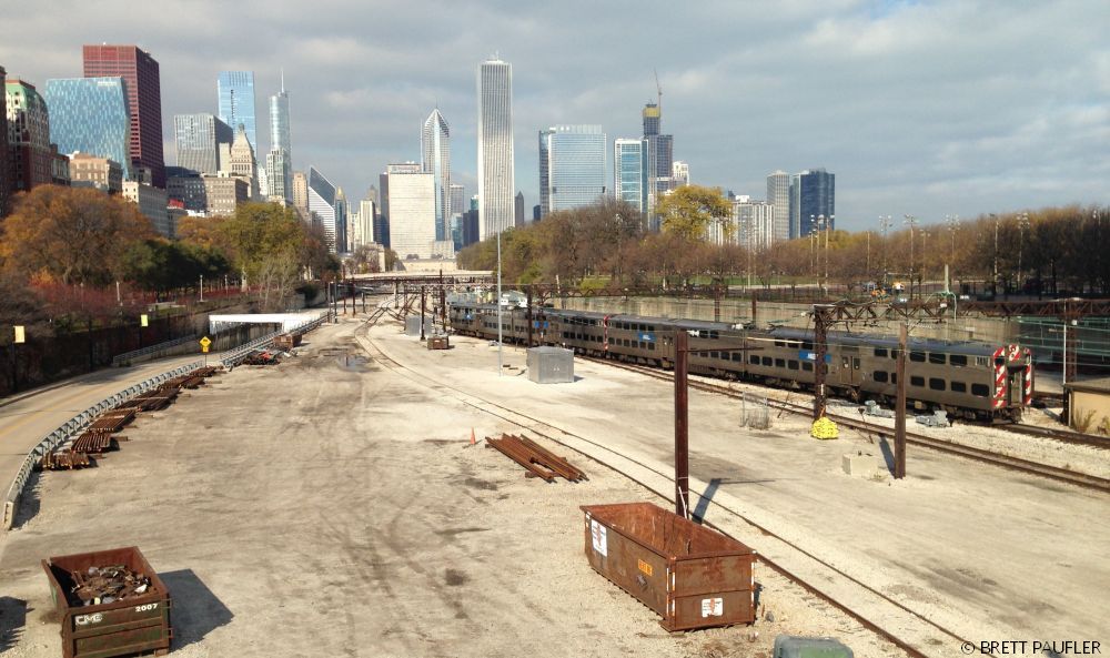 A nice view of Chicago from some bridge in Grant Park, that whole group of parks is Grant Park to me, looking over the railroad tracks, back at the city