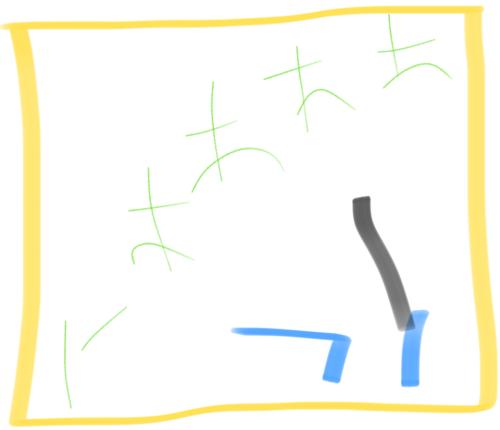 a quick digital drawing, yellow box frame, two blue hands, one holding a conductors baton, and a bunch of green dancers arching up the page, it is stick figure, very crude, you are not missing all that much