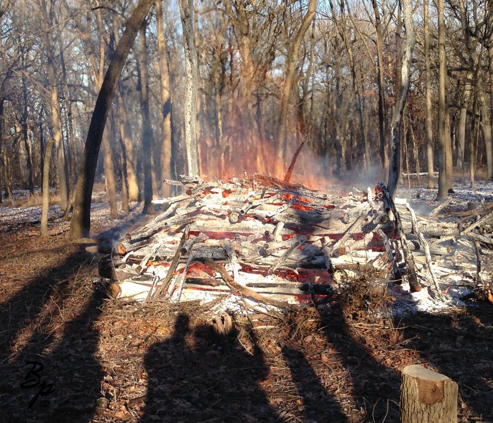 Amidst the woods, a rather tall pile of logs, turning to red coals, maybe the size of a small car, perhaps a bit smaller at this point