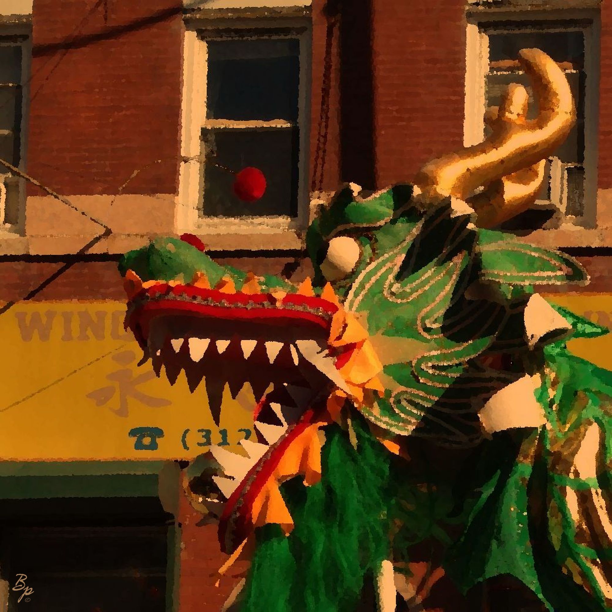 Head of a dragon dancer, winding down the street, same oil can effect, which I am enjoying for this project, pictures from Chicago, Chinese New Year Day Parade, down around Cermack, green dancing dragon head