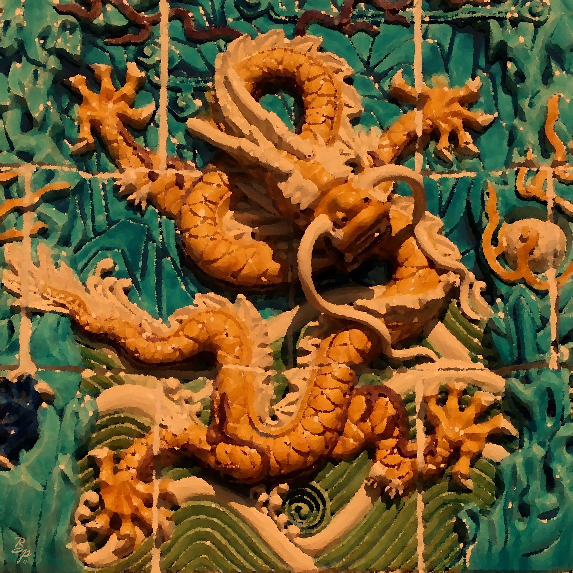 Tile Wall sculpture, street art, as positioned by entrance to China Town, put through the filter, this would be the image easiest to delete from the page, though the effect completely removes the 3D quality of the original, and gives it a fantasy art vibe