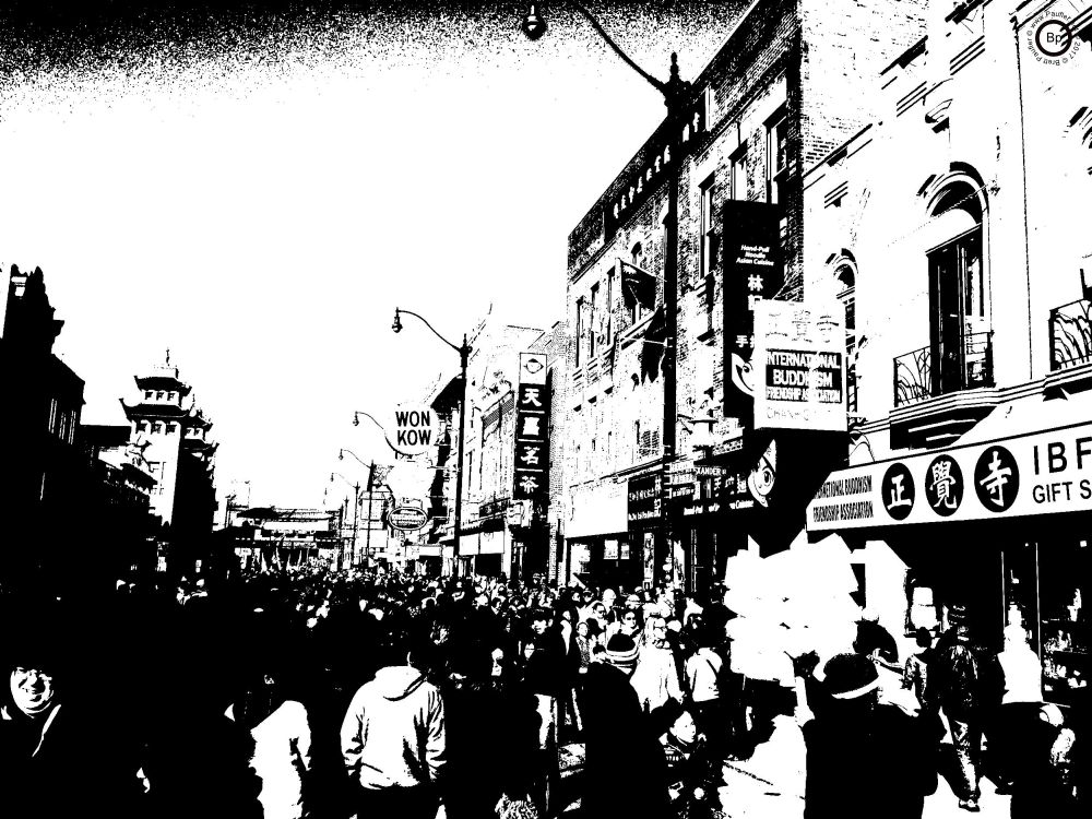And here we have a final image of the crowd, contrasted black and white, no greyscale, after the parade was over and the streets were full, we got chinese food, though, one of the most enjoyable parts of the day was the smoked pork char su that we go preparade as we wandered about the sidestreets in the neighborhood, good times, good day