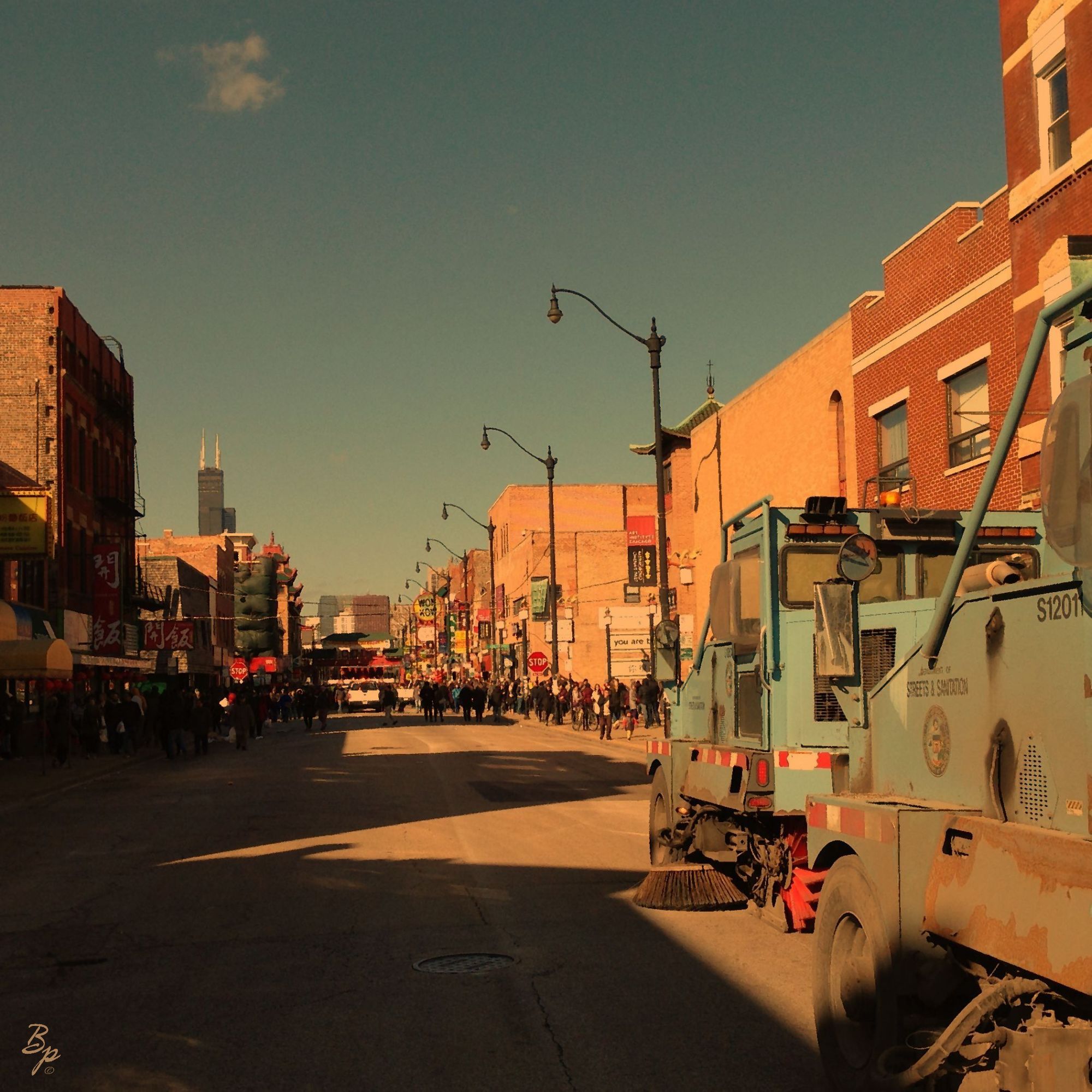 A street sweeper poised to go down the street after the parade, very good oil effect on this one, I like how the faces are blurred out, hancock building or whatever it is now called in the background, this could be modern art