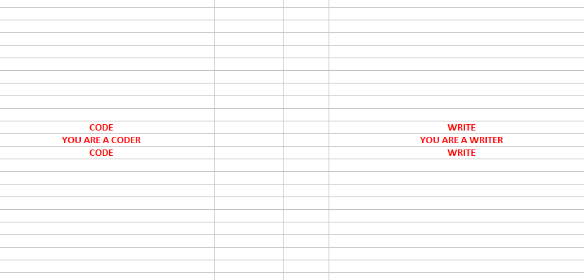 Pages from a Spread sheet which contain two messages, CODE - YOU ARE A CODER - CODE, and, WRITE - YOU ARE A WRITER - WRITE