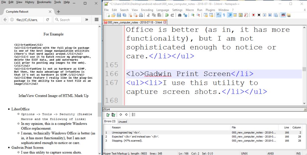 Gadwin Screencapture of This Web-page in progress as seen on my computer desktop, side by side windows of Firefox browser and NPP open, note the large text size for NPP, probably 24pt