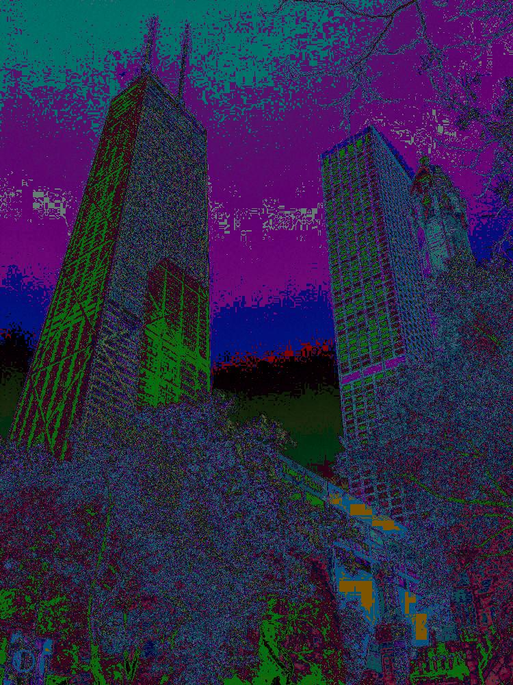 Sears or the Hancock building, I care not what they are called now, nor am I able to tell them apart, purple shift, next blue, then a more colorful green orange number that reminds me of art from heavy metal, perhaps that explains the alien theme later
