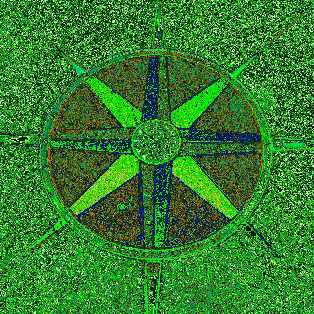 compasses, from the street, color filtered, green with primary accents