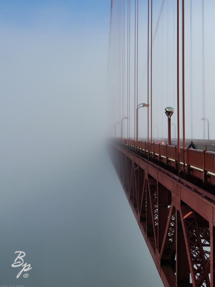 The Golden Gate Bridge, Summer of 2017, which would make it the coldest winter of my life, a beautiful day, out for a walk, the fog rolling in, beauty at my side, and this image, almost looks like I am floating in space, you would not believe the vertigo