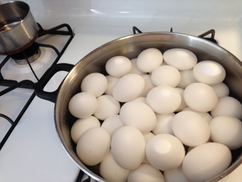 There are differing ways of doing things, in this picture, the one to the left, we have three dozen eggs boiling all at once