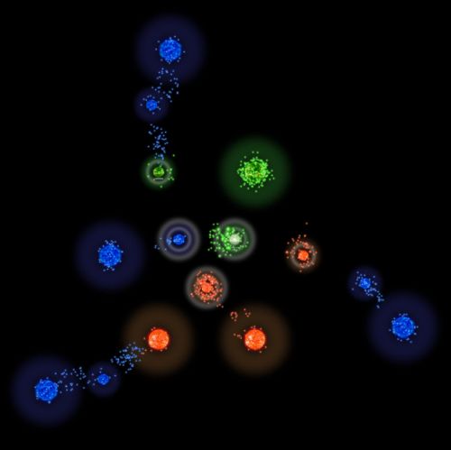 The blue team controls the three corners of the spiral map, since the AI favors attacking the center, and this gives blue control of more star levels, 12 blue, 6 orange, 4 green, victory is assured