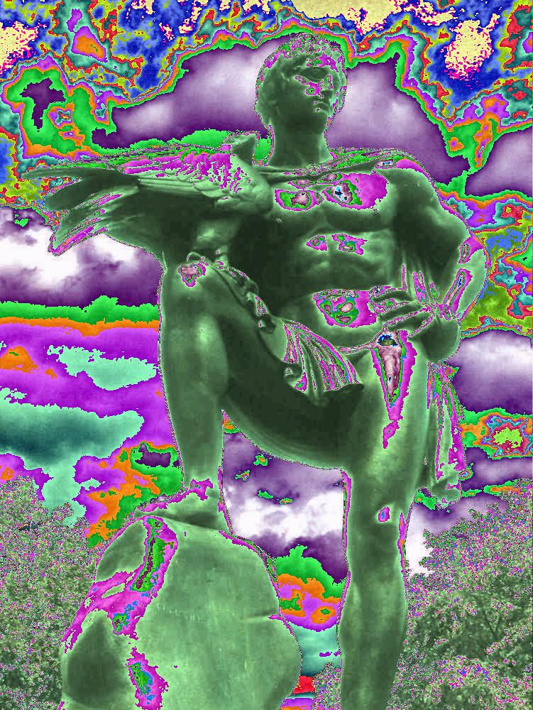A Roman Type Statue put through a colorful prismatic filter, his leg is up, and if one wishes to pretend, one can easily see up his jerkin