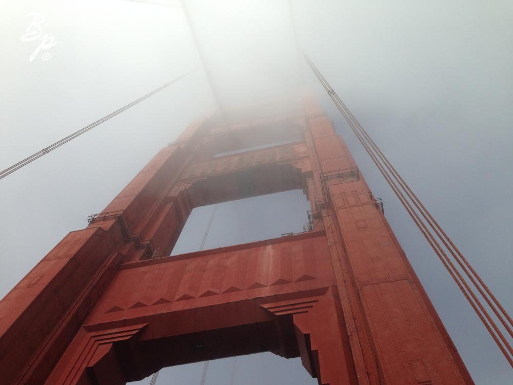 Once again, this is a shot of the Golden Gate Bridge, looking up from the base of a tower, into the fog
