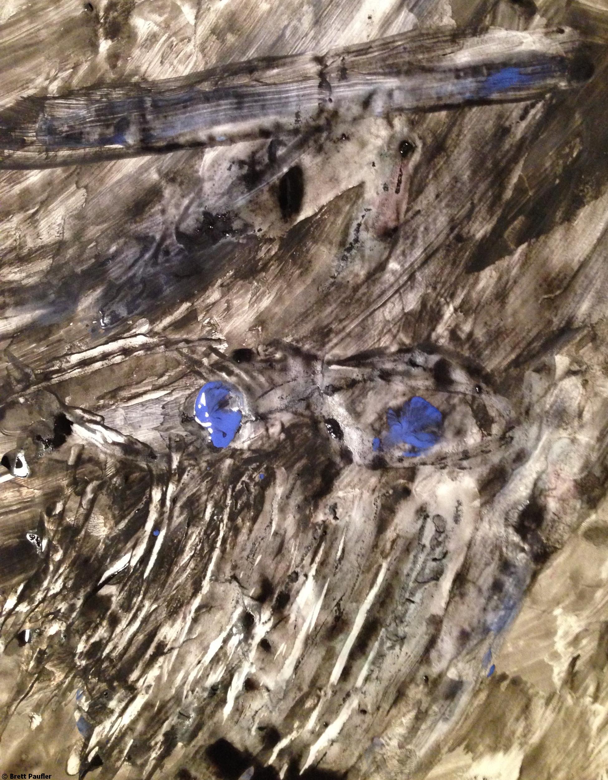 A study in black, the face is denoted by scraped paint, the movement of fingers, the eyes are blotches of blue