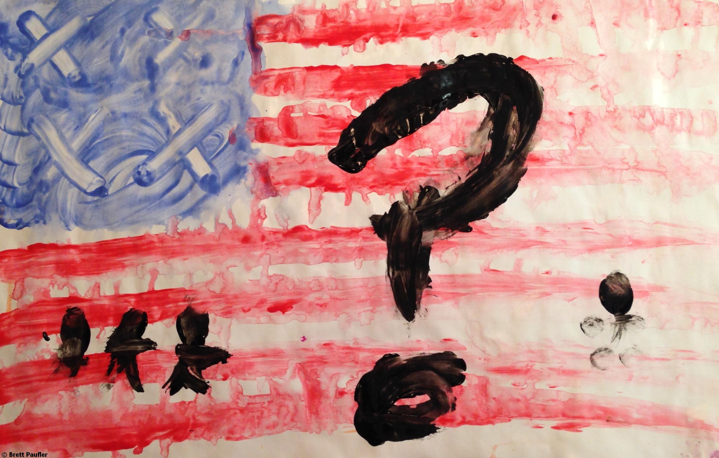 A Stylized Representation of Old Glory with three stick figures, a question mark, and another figure off to the side