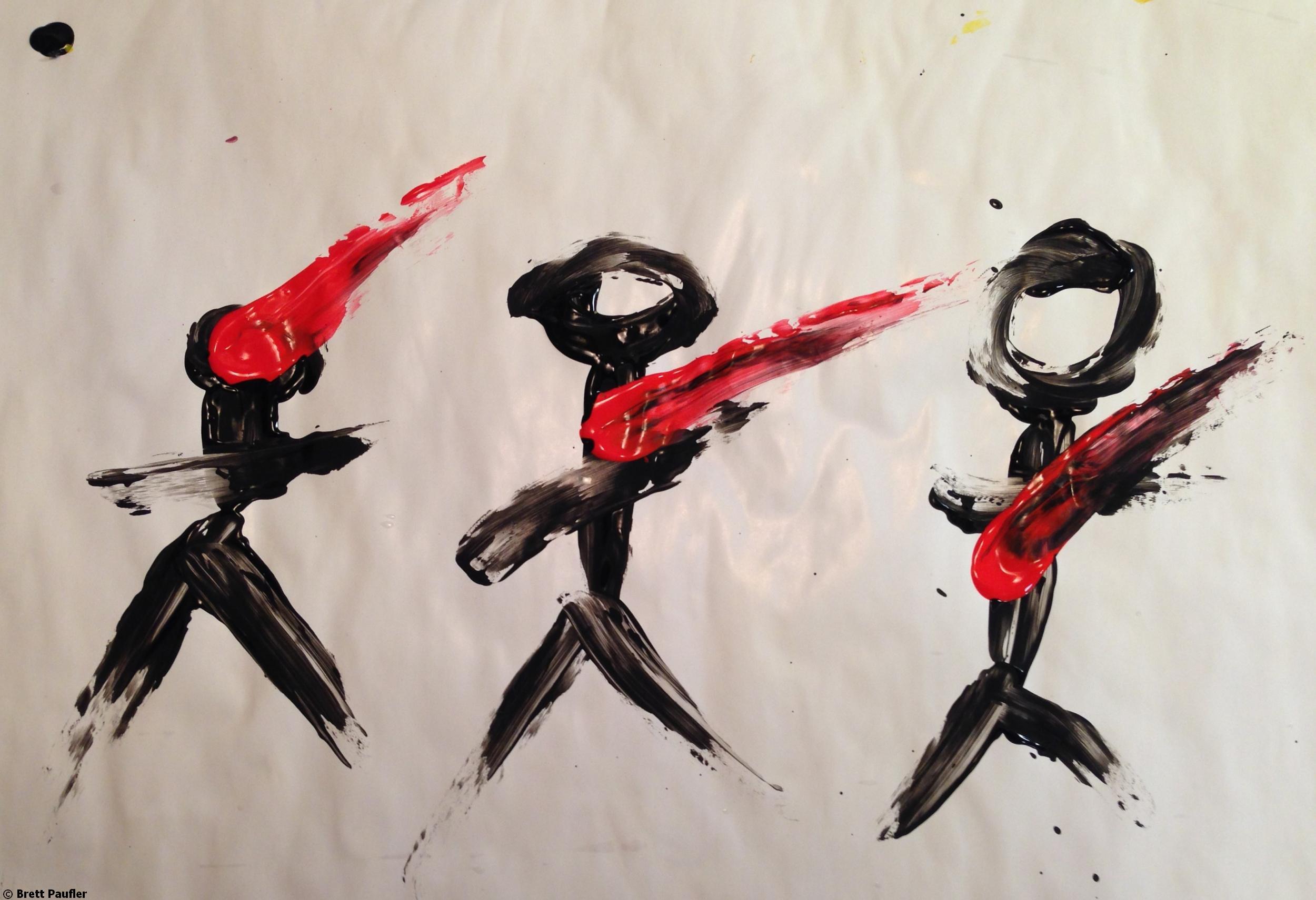 Black Stick Figures with a Red Blot of Brush over each, all of the images are very amateurish finger paints, which does not mean they do not look cool, just that the technique is very much your basid finger paint