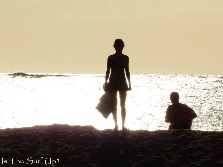 Is the Surf Up? Flattened tone image, or so I will claim, looking at silhouette of two people, overlooking ocean