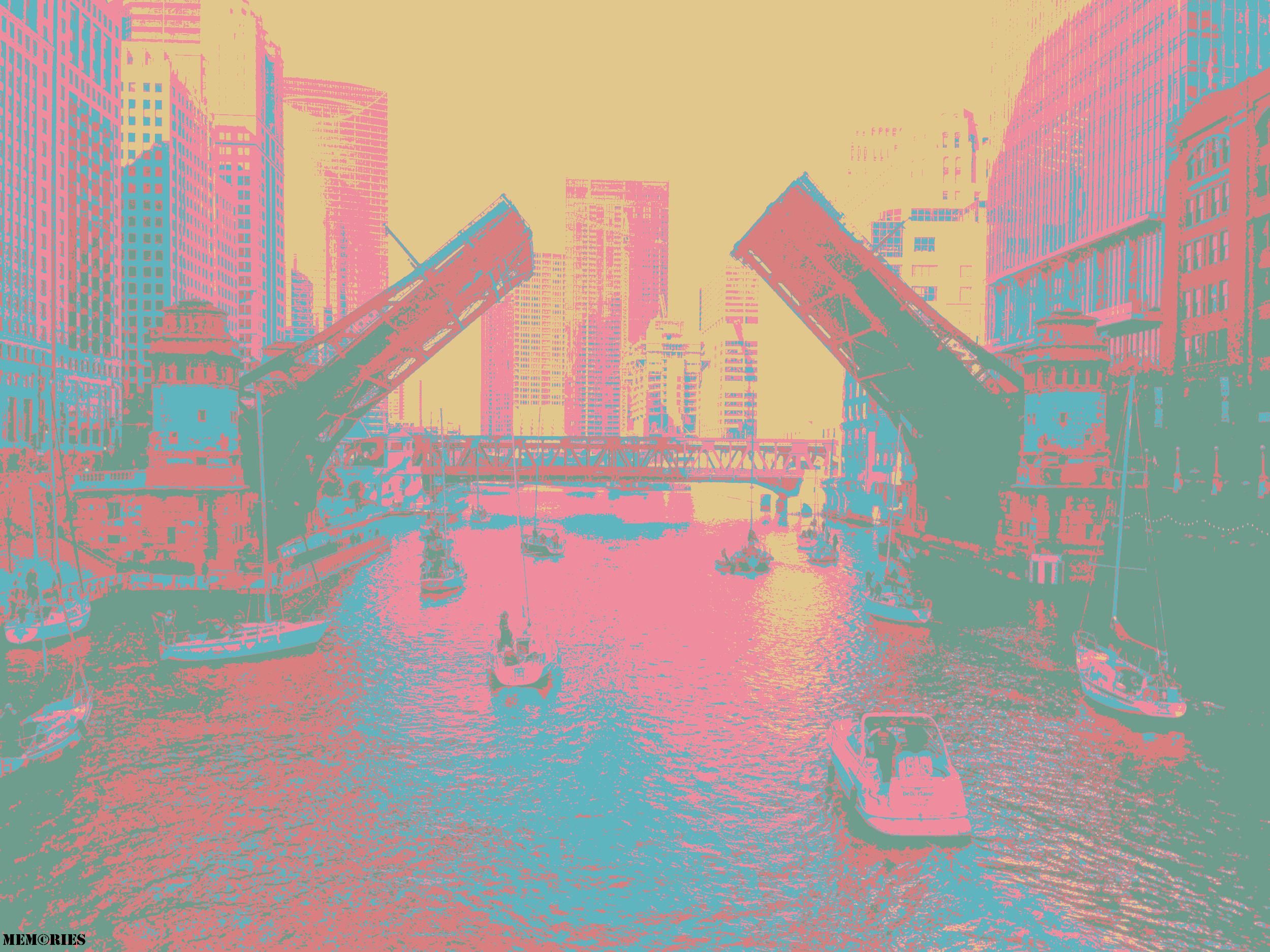 There were three rivers in the underworld, if I remember correctly, but obviously I cannot, on account of my visit to The Styx, no doubt, these are boats driving down the river, leaving Lake Michigan for the winter, the bridges being raised, so there masts can pass, I settled on a pinkish sort of five color palette posterization for this image