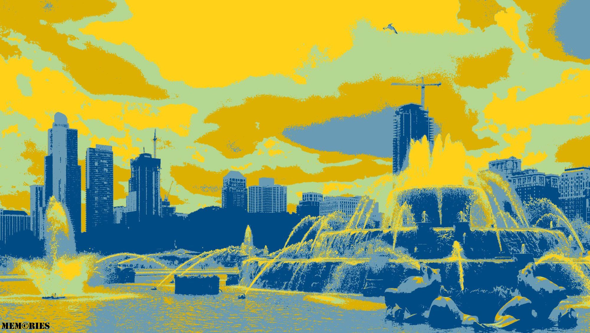 A yellow filter image of Buchingham Fountain, giving it more of a cotton candy feel, a warm summer day, coming to a close, yellow sky, blue buildings, dont you know, its that right mixture of truth and fiction, it is a good representation of memory that way, accurate to a degree, but totally wrong