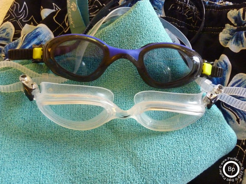 a nice quick dry travel towel, stylishly out of date swim trunks, and two pairs of water goggles, clear and tinted