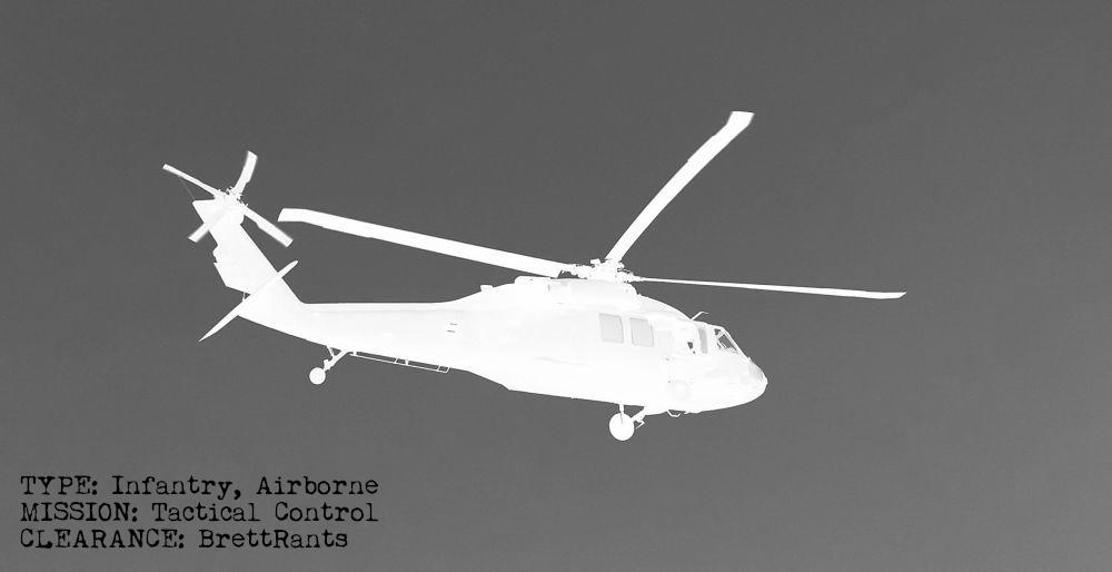 a reverse negative grey-scale image of a transport helicopter, as owned by the Army National Guard, I believe, start talking smack, and they will kick your arse