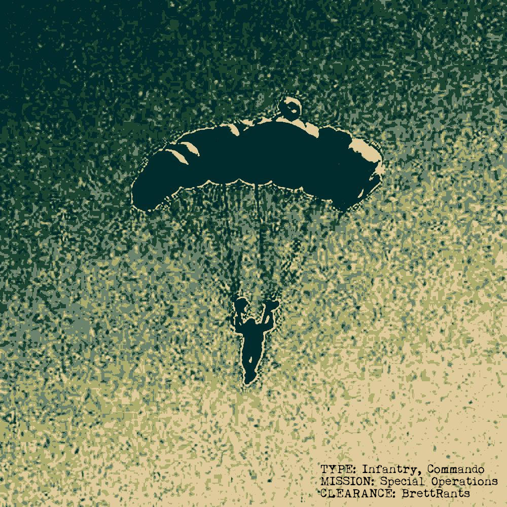 Paratrooper a posterized green tone close up of a paratrooper, some PR stunt for the Military, I forget which branch, I would guess the Army, I turned the sky green, and the blotches make a nice camouflage pattern